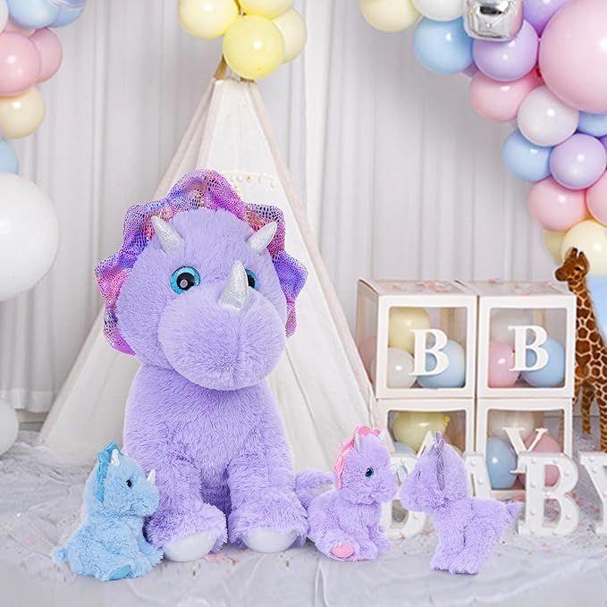 MaoGoLan Triceratops Stuffed Animal, 21" Purple Mommy Dinosaur Stuffed Animal with 3 Babies, Giant Dinosaur Plush Pillow Toy Set for Birthday Gift for Kids