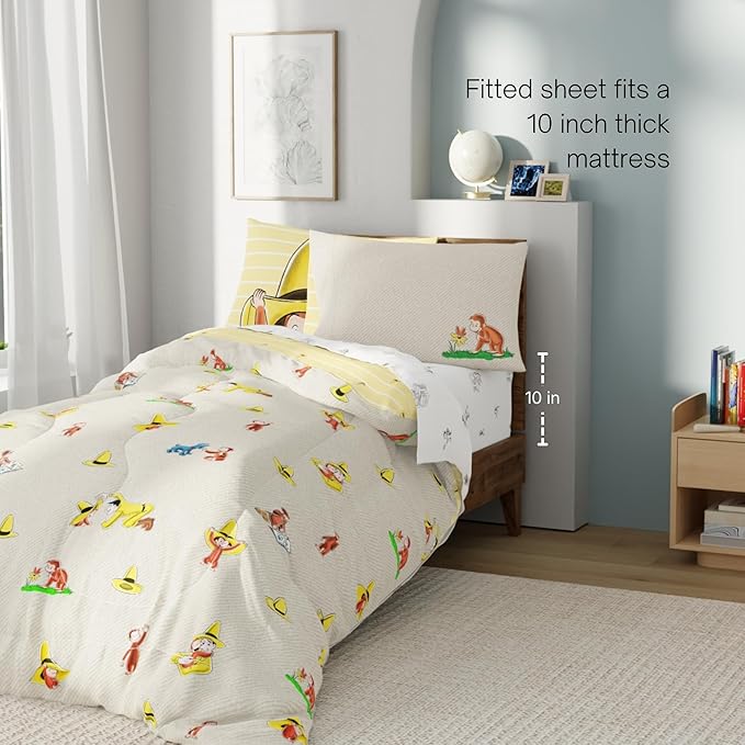 Curious George Bedding Set, Twin Size 5 Piece Set Kids Super Soft Cozy Reversible Comforter and Sheet Set with Sham, (100% Officially Licensed Product) by Franco