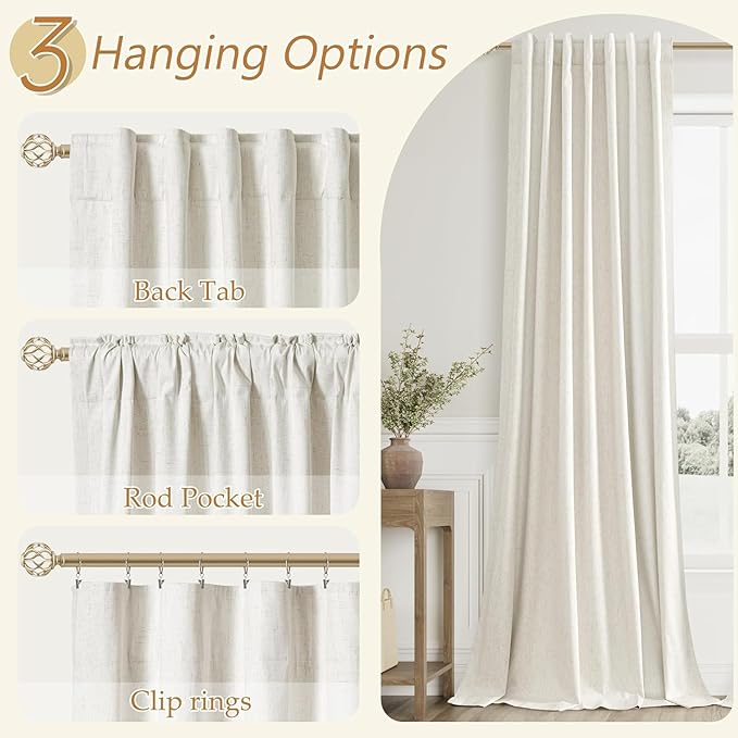 Guken 100% Blackout Linen Short Curtains for Bedroom 54 Inches Long Natural Cream Black Out Curtain Back Tab Thermal Insulated Room Darkening Window Drapes for Living Room 2 Panels Beige Ivory 52x54