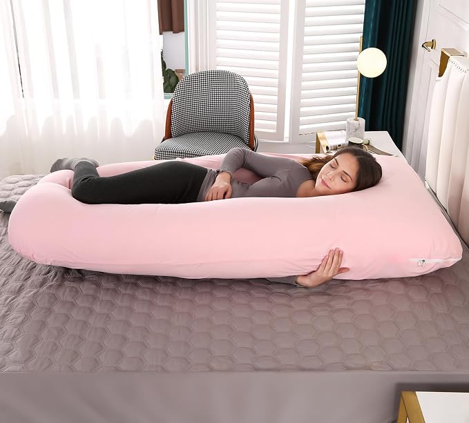 Amagoing Pregnancy Pillow, 57 Inch U Shaped Maternity Full Body Pillow for Sleeping, Support for Women with Hip, Leg, Back Pain, Washable Jersey Cover, Gift for Pregnant Women (Pink)