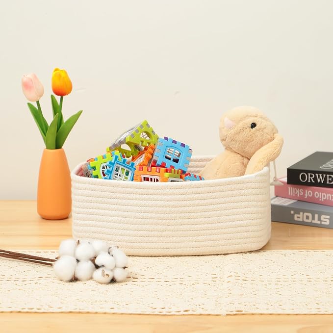 MiniArk Small Storage Baskets for Organizing | Closet Organizer Bins | Shelf Toy Basket | Woven Rope Baskets | Cube Decorative Box | Shallow Basket | 11.5x7.5x4.7” | 3 Packs Off White
