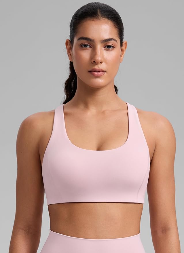 CRZ YOGA SculptAir Wide Straps Cross Back Sports Bras for Women - U Neck Medium Impact Wireless Padded Workout Top