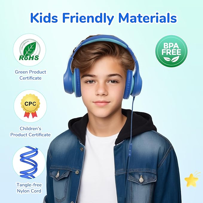 EarFun K3 Kids Headphones, Over Ear Headphones with Microphones, 85/94dB Safe Volume Limit, HD Stereo Sound, 3.5mm Jack, Foldable Wired Headphones for School/Travel/Boys/Girls/Tablet/iPad, Blue