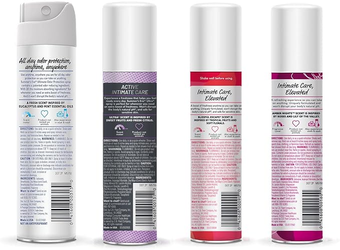 Summer's Eve Ultimate Odor Control Daily Feminine Spray, Odor-Reducing and Moisture-Absorbing Formula, Ultimate Odor Protection, Ultra, Blissful Escape, & Amber Nights; 2 Oz, Pack of 4