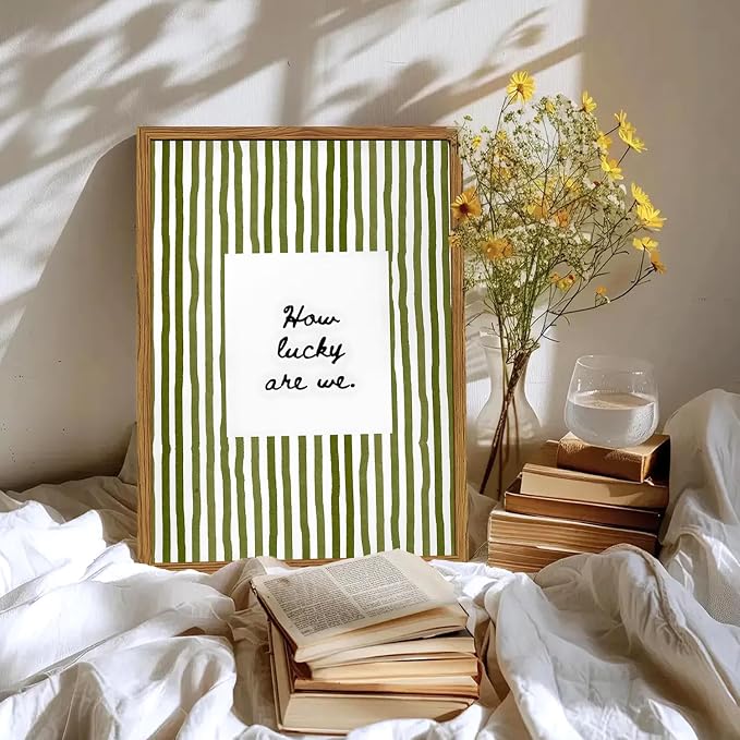 Framed How Lucky Are We Wall Art, Green Striped Pictures Wall Decor, Trendy Inspirational Quote Paintings Canvas Prints Preppy Home Decor for Living Room Bedroom Office Dorm 16x24 inch