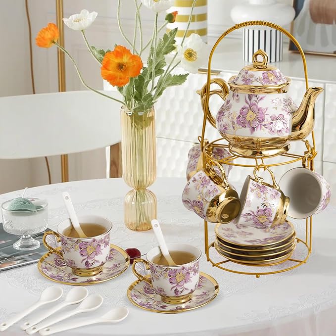 20 Pcs Porcelain Tea Set With Metal Holder,European Ceramic Tea Set for 6,Beautiful Tea Cup Gift Sets for Home&Party (Purple)