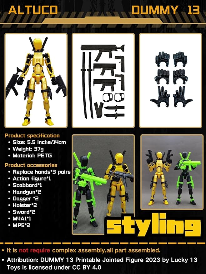 T13 Action Figure with Lots of Accessories,3D Printed Multi-Jointed Titan13 Figure,Gold Dummy 13 Desktop Decorative Toy