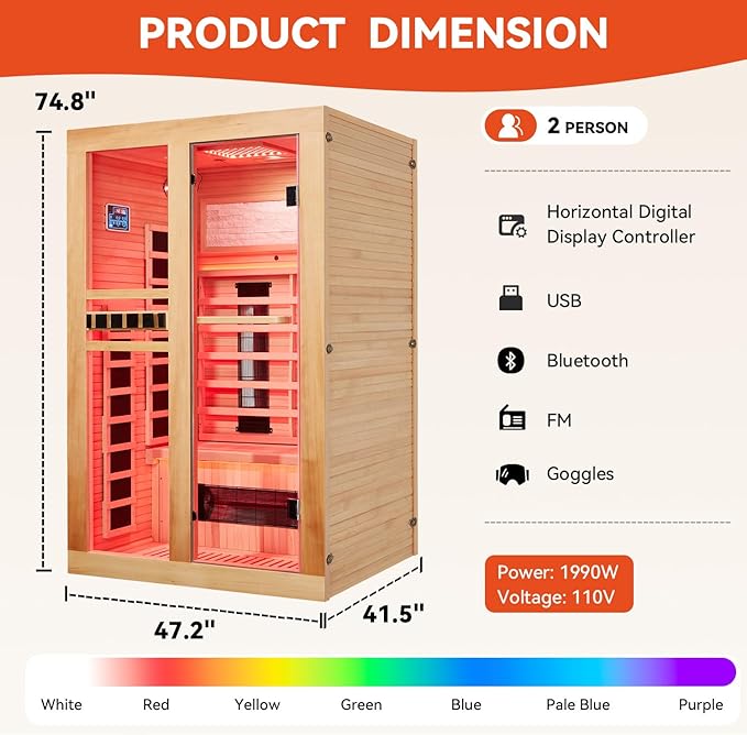 2 Person Infrared Sauna, Full Spectrum Home Sauna with Red Light Therapy, 15 Minutes Pre-Warm up Indoor Dry Saunas with 2-in-1 Door Handle, Canadian Hemlock,7 Color Light Belts, 110V