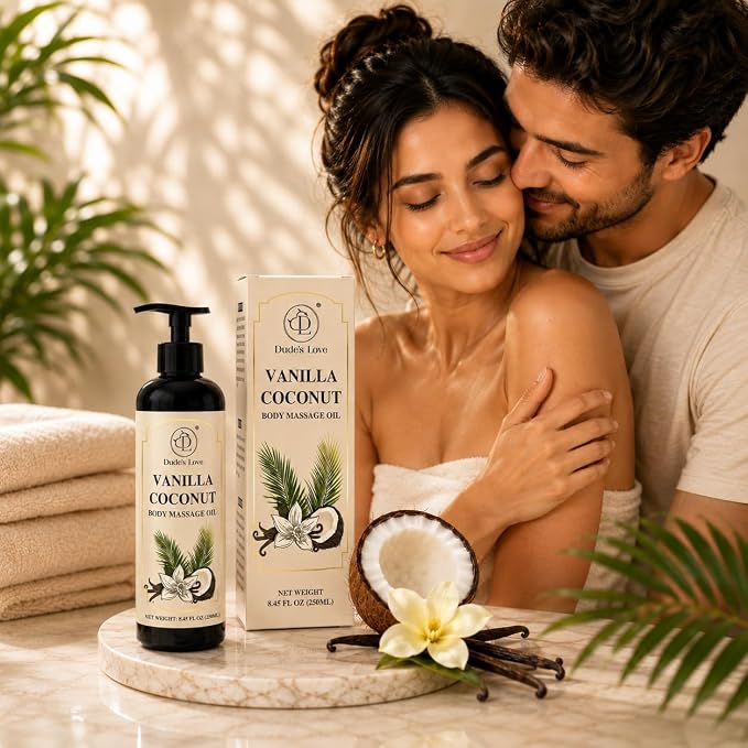 Vanilla Coconut Body Massage Oil | with Vitamin E & Jojoba Oil | Deep Hydration for Dry Skin | Non-Greasy, Fast-Absorbing Formula | 8.45 fl oz (250ml)