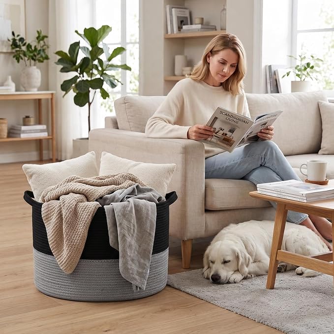 115L Large Blanket Basket,Woven Rope Laundry Basket-Black&Dark Grey | Collapsible, reinforced handles, nursery storage bin organizes clothes, toys and pillows for living room, bedroom bathroom