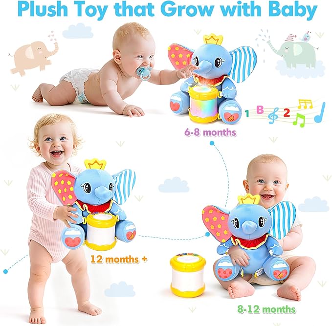 Baby Toys 6-12 Months, Elephant Musical Plush with Lights, ABCs, Animal Sounds, Numbers, Infant Early Learning Toy,Christmas Birthday Gifts for 6+ Month Boys &Girls