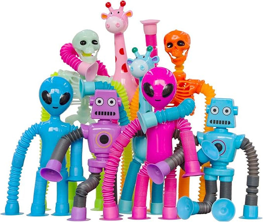 Pop Tubes Skeleton Fidget Toys for Kids, 8Pack Robot Fidget Pop Toys Telescopic Suction Cup Toy for Stress and Anxiety Relief, Stocking Stuffers Gift for Kids and Toddlers (8 Pack Multi-Items)