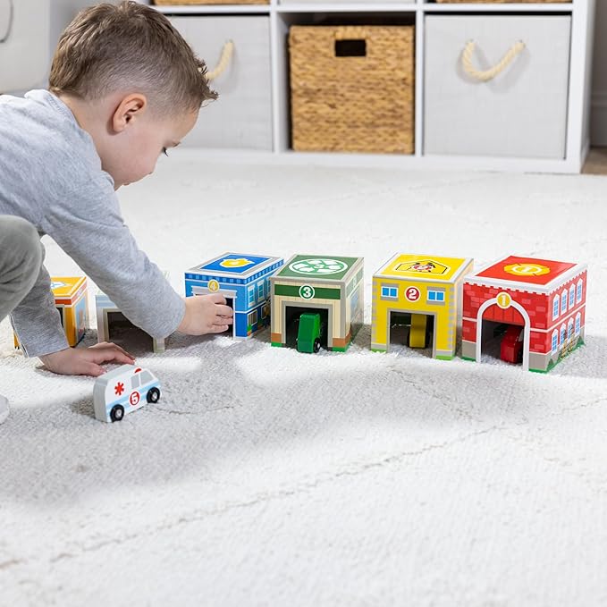 Melissa & Doug Nesting and Sorting Blocks - 6 Buildings, 6 Wooden Vehicles - FSC Certified