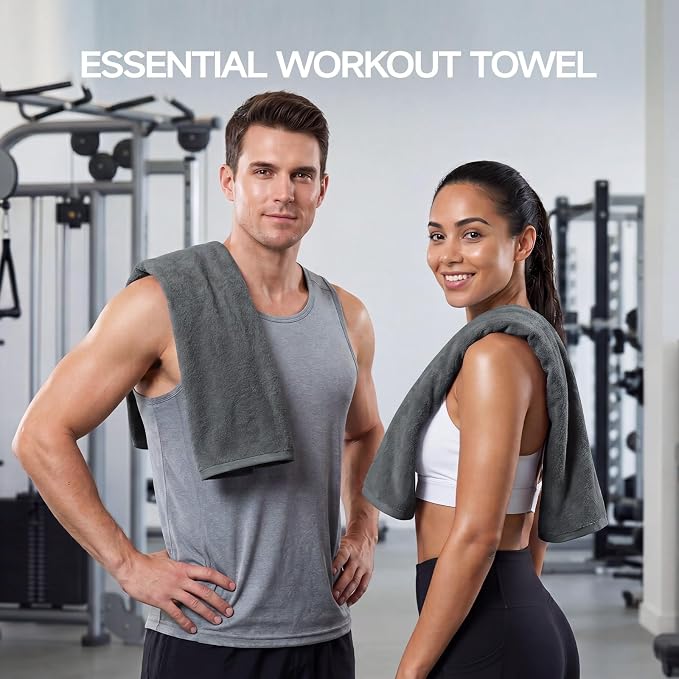 REDKISS 2 Pack Cotton Workout Towels, 43" x 16" Super Absorbent Soft Gym Towels for Men & Women, Large Sweat Sports Towel for Yoga Running Swimming Travel Camping - Dark Gray