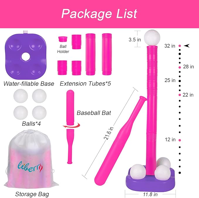 Liberry Adjustable T-Ball Set for Kids and Toddlers, Includes Kids Baseball Bat, Adjustable Height Tee Ball Stand, 4 Balls and Weighted Base, Sports Game Toy Gift for Boys Girls (Pink)