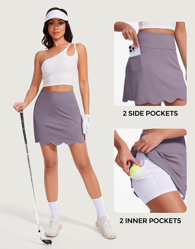 Skorts for Woman with Pockets 16" Golf Athletic Skirts Scalloped Hem Tennis Skirt Dressy Casual