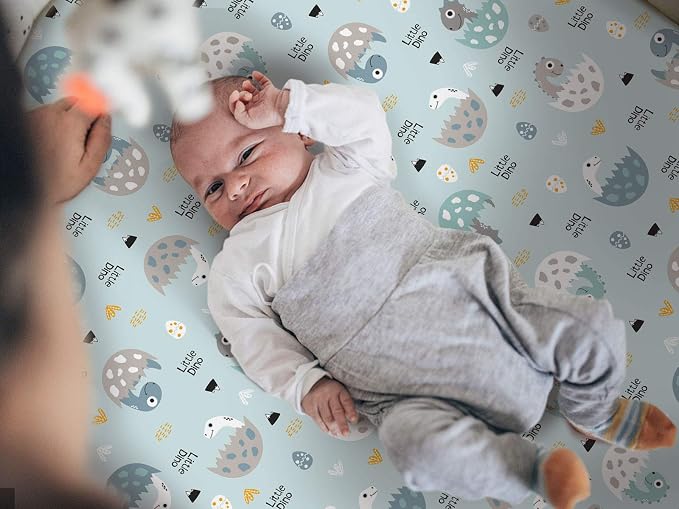 GRSSDER Stretchy Ultra Soft Jersey Knit Fitted Pack n Play Sheets Set 2 Pack, Portable/Mini Crib Sheets for Boys, Universal Fit for Pack N Plays Safe and Snug, Happy Dinosaurs for Baby