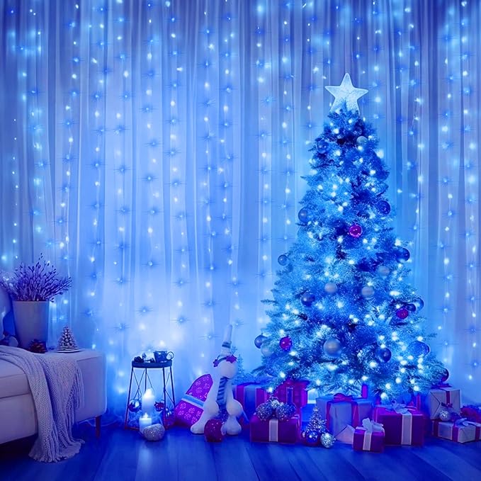 Minetom Curtain Lights, 300 LED Dimmable Fairy Lights with Remote and Timer, 8 Modes, USB Powered String Lights for Room Wall Party Xmas Indoor Decor, Blue & White Hanukkah Decorations Lights