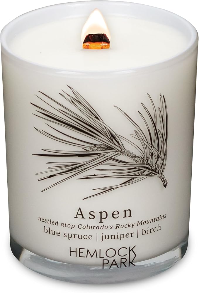 Hemlock Park Aspen Postcards Scented Candle | Crackling Wood Wick, Botanical Fragrance & Coconut Apricot Wax | Up to 50 Hour Burn Time | 7.2 oz | Made in USA
