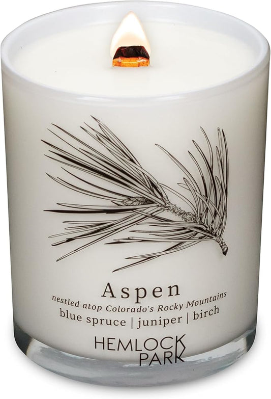 Hemlock Park Aspen Postcards Scented Candle | Crackling Wood Wick, Botanical Fragrance & Coconut Apricot Wax | Up to 50 Hour Burn Time | 7.2 oz | Made in USA