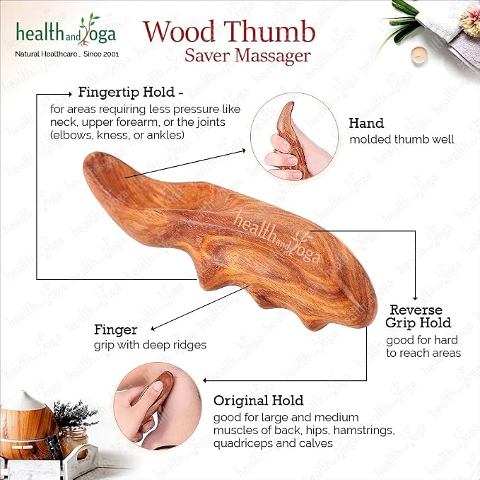 SoulGenie HealthAndYoga™ NatureSooth Handcrafted Wood Thumb Saver Massager - Effective Deep Tissue, Point & Trigger Point Massage for Pain Relief - Skin Friendly and Earth-Friendly Hand Massager Tool