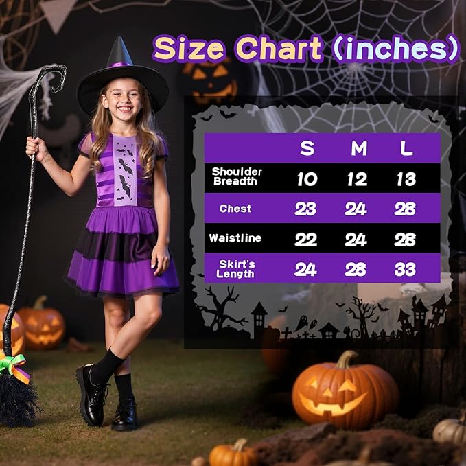Witches Costume for Girls 3-8 6-12, Halloween Witches Dresses with Broom, Hat for Role Playing, Fairytale Halloween Party Birthday Gifts for Kids Toddlers Girls Age 3-5 5-8 8-12(XS)