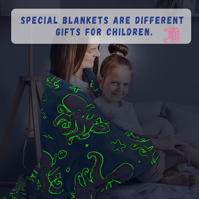 Octopus Toys Birthday Gifts for Boys Girls, Soft Blue Octopus Blanket for Kids Toddlers Travel, Glow in the Dark Ocean Sea Animal Fleece Throw Blanket for Bedroom Game Room Coastal Decor 50"x60"