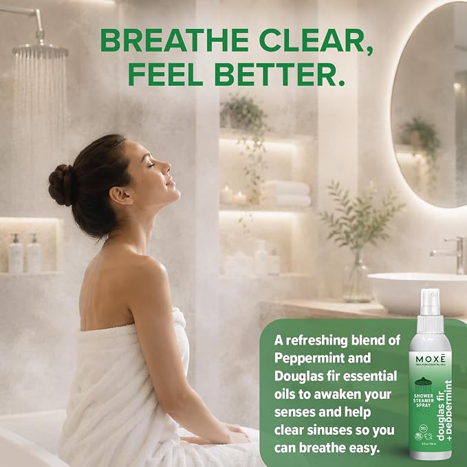 MOXE Aromatherapy Shower Spray - Douglas Fir & Peppermint, 100% Essential Oils, Made in USA, Aromatherapy, Sinus Congestion Relief, Respiratory Support, 4 Oz (1 Pack)
