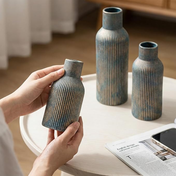 Vintage Blue Ceramic Flower Vases Set of 3, Modern Matte Vertical Ribbed, Nordic Minimalist Decor for Pampas Dried & Fresh Flowers, Centerpiece for Living Room, Shelf, Entryway, Wedding
