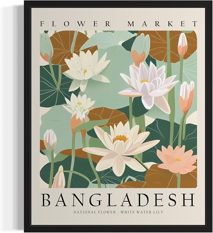 Bangladesh, White Water Lily Art Print Poster, Flower Market Wall Art, Floral Artwork Decor for Bedroom, Kitchen, Bathroom, Livingroom Decoration 52 (Bangladesh, White Water Lily, 36"L x 24"W, Unframed)
