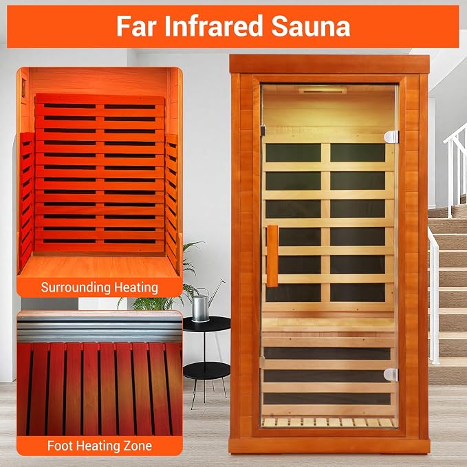 Bowear Far Infrared Sauna for 1-2 Person, 110V 1120W Indoor Home Sauna with Bluetooth Audio, 7 Colors Light Therapy, Reading Lamp, Time & Temperature Adjustable, Oguman Wood Dry Sauna