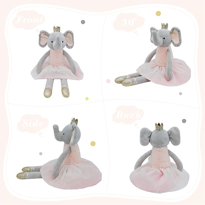 Princess Elephant Stuffed Animals,15.7" Pink Stuffed Elephant Plush with Skirt and Crown,Cute Doll for Girls