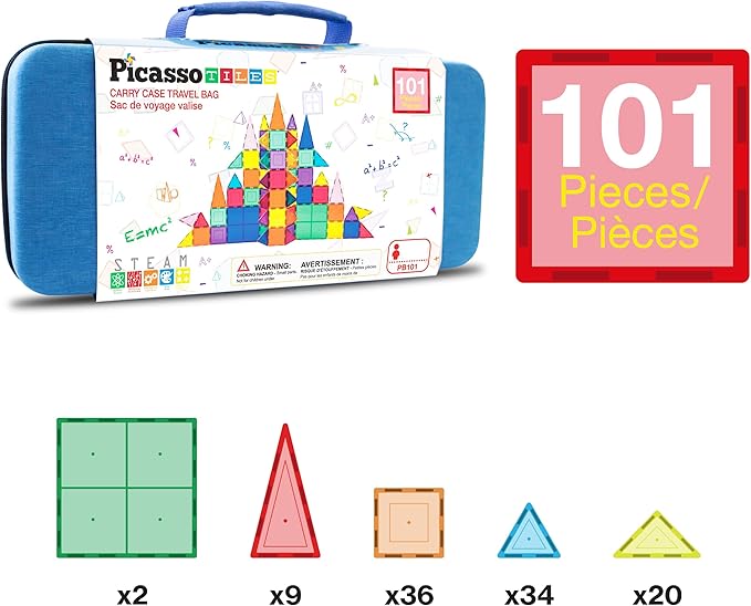 PicassoTiles Magnetic Tiles 101pcs Magnet Tile Building Blocks STEM Toy Set with Storage Case Educational Construction Kit for Kids Toddlers Boys Girls Age 3 Plus Travel Learning Carry Bin PB101