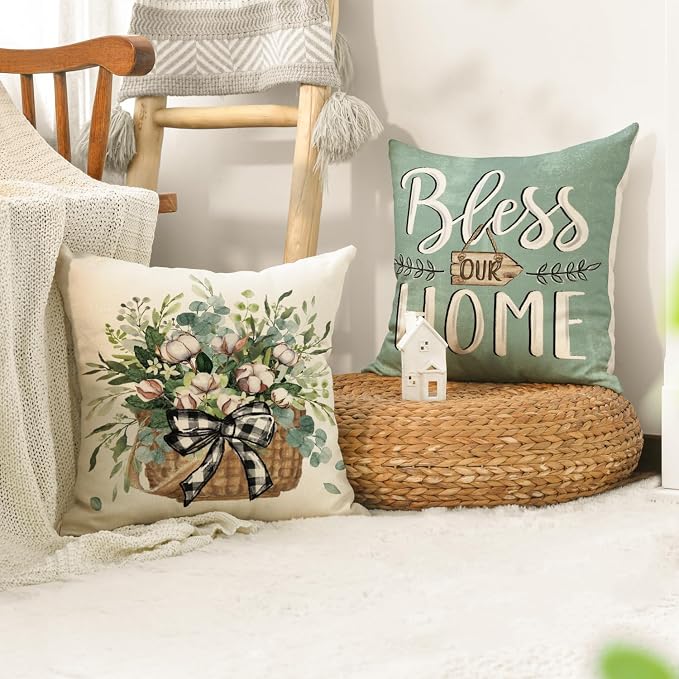 AVOIN colorlife Bless Our Home Farmhouse Eucalyptus Leaves Throw Pillow Covers, 18 x 18 Inch Truck Home Sweet Cushion Case Decorations Set of 4