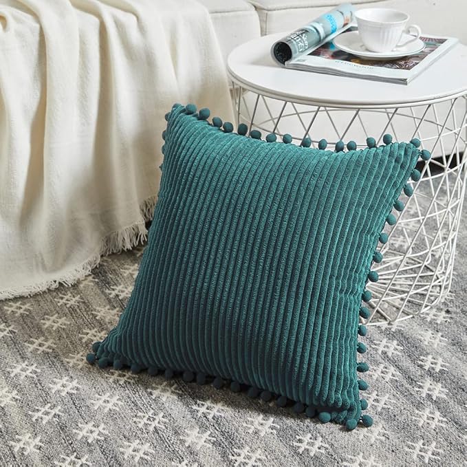 Fancy Homi 22x22 Pillow Covers, 2 Packs Teal Throw Pillow Covers with Pom-poms, Super Soft Corduroy Square Solid Cushion Cover for Couch Sofa Bedroom Living Room 55x55 cm