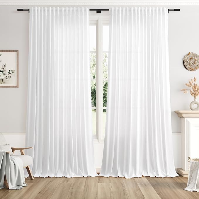 Nanspring Extra Wide 100x96 Inch Linen Curtains for Living Room Divider Light Filtering Semi Sheer Patio Curtains for Sliding Door White Coastal Decor Sunroom Floor to Ceiling Window Curtain Panel