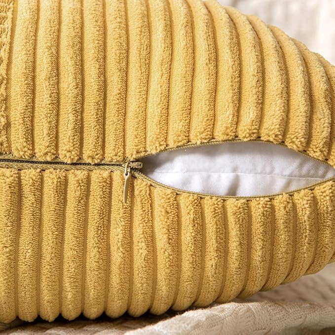 MIULEE Golden Mustard Decorative Throw Pillow Covers for Couch 18x18 Inch | 2 Pack, Boho Farmhouse Pillow Covers, Soft Cross Corduroy Patchwork Textured Cushion Cases For Bed Sofa