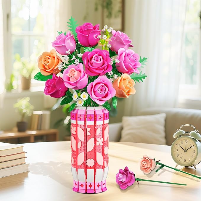 Romantic Pink Roses Bouquet Building Set with Vase & LED Light, 845PCS Flowers Botanical 3.6MM Mini Building Blocks Toys, Gifts for for Her, Artificial Flowers for Office Home Decor & Display