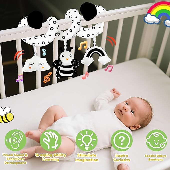 kizh Baby Hanging Stroller and Car Seat Toys High Contrast Baby Toys for Newborn Black and White Sensory Plush Activity Toys for Babies 0-6 Months-BEE