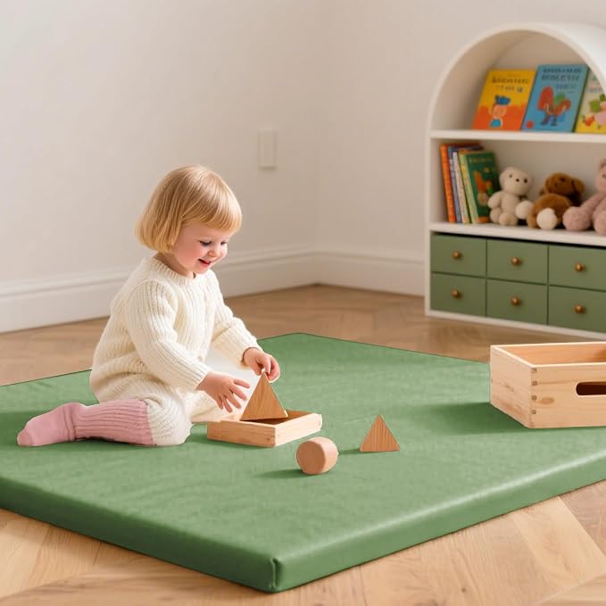 Huloo Sleep Baby Play Mat 50x50 Inches, 1.3" Thick Padded Waterproof Floor Cushion & Playpen Mat with Vegan Leather, Non-Slip & Non-Toxic Nursery Rug for Infants, Toddlers & Kids(Green)