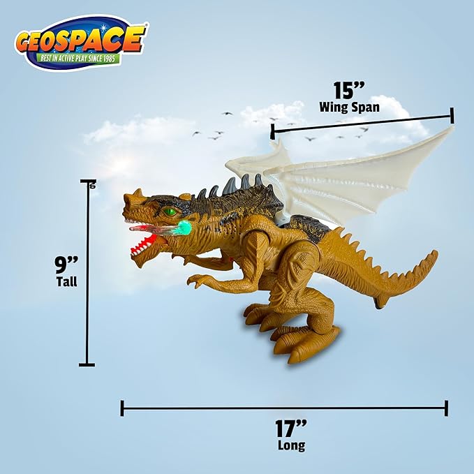Geospace New Dragon Walking Dinosaur Toy – Smoke Breathing Fire Dragon Toy for Kids 3 & up, Walking Dinosaur Toys with Lights, Roaring Sound, Dragons Action Figure, Dragons for Gift (Bull Dragon)