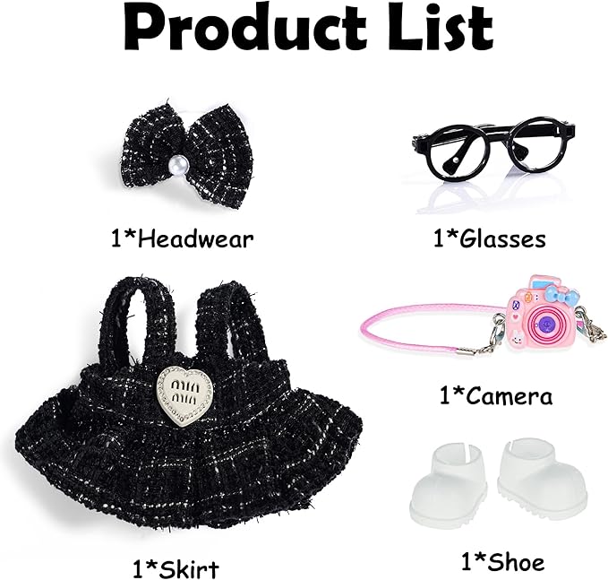 Fashion 17cm Chic Doll Clothes Accessories Set Include: 1 Hairpin, 1 Dress, 1 Glasses, 1 Bag and 1 Shoes for Dress up Your Dolls (Doll Not Included), Chic #Black