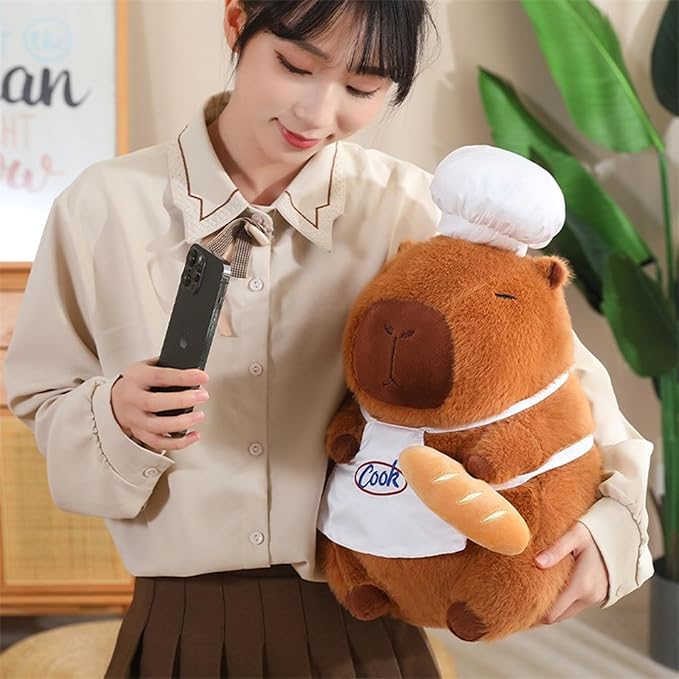 Capybara Plush with Cooking Chef Hat Bread 13.7 inch Cute Capibara Stuffed Animal Ultra Soft Plushies Toys Kawaii Gifts for Kids Brown