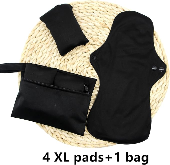 4 pcs Cloth Reusable Sanitary Pads Black and Wet Bag, Washable Cloth Menstrual Pads Panty Liners