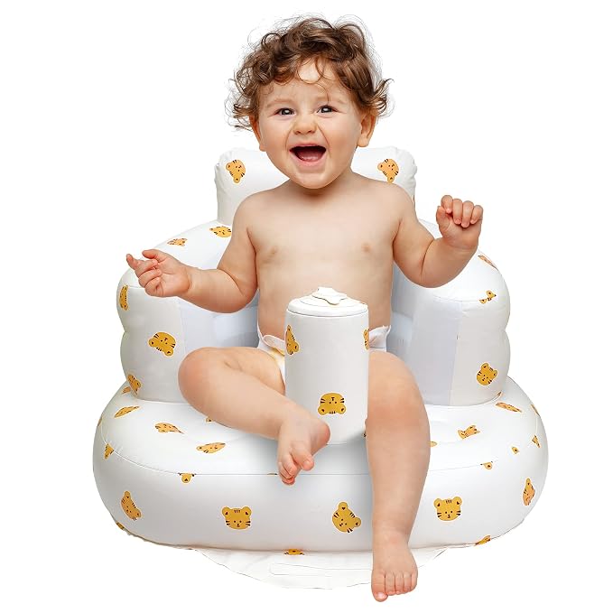 AirSwim Inflatable Baby Chair, Inflatable Baby Seat for Babies 3 Months and Up, Summer Blow Up Chair with Built in Air Pump, Bumbo Seat for Learning to Sit, Palying, Camping, Tiger