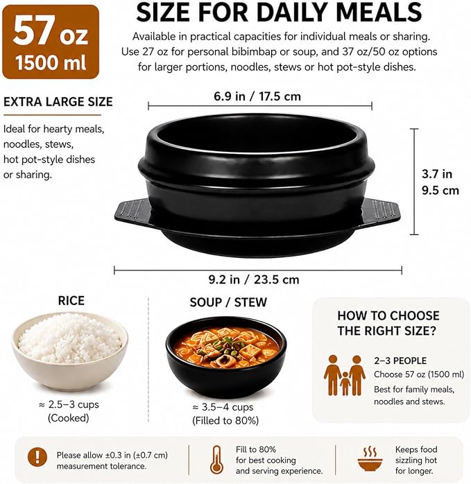 XICHENGSHIDAI Korean Stone Bowl, Dolsot with Tray, 51 Oz, Black | Heat-retaining bowl with tray for bibimbap, soup, stew and ramen; suitable for gas stovetops and ovens, not induction.
