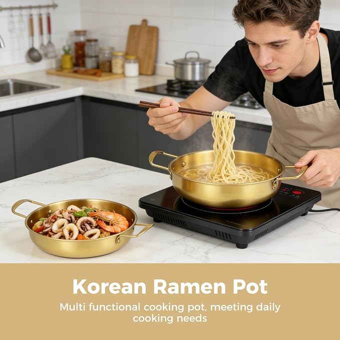 4Pcs Korean Ramen Pot Set,Stainless Steel Ramen Pot with Double Handles, 8.4-10.7 in Diameter Korean Noodle Pot Golden Soup Pots & Cooking Pots for Stove,Pasta,Soup (Gold)