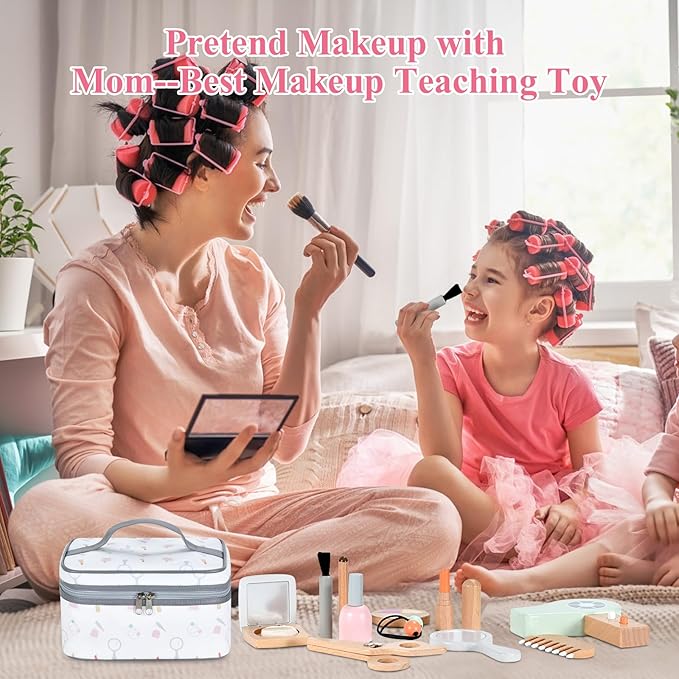 Ehome Wooden Makeup Toy Set, Wooden Salon Toys Toddler Pretend Makeup Kit for Little Girls Princess Gift Wood Play Make Up Beauty Set Toys for Girls Age 3 - 9 Birthday Christmas