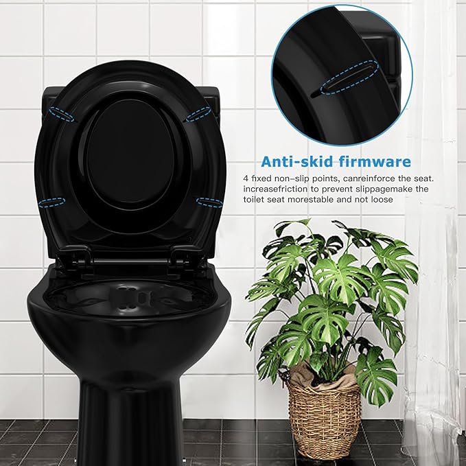 17" Round Black Toilet Seat with Built-In Potty Training Seat, Soft Quiet-Close Non-Slip Design for Adult and Child, Magnetic Kids Seat and Cover, Easy to Install and Clean for Round Toilets