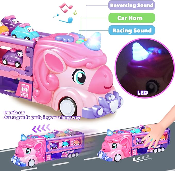 ZSHKG Girls Cars for 1 2 3 4 5 Year Old,Kids 7-in-1 Pink Unicorn Foldable Transport Carrier Trucks with Lights and Music W/ 6 Princess Cars Birthday Presents for 1-3 3-5 Yrs Old Girls Toddlers Babys